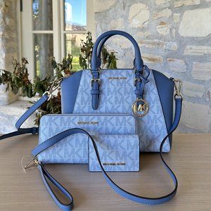 Michael Kors Ciara MD Messenger/ Large Wallet MK Signature Soft Sky 3 Piece Set